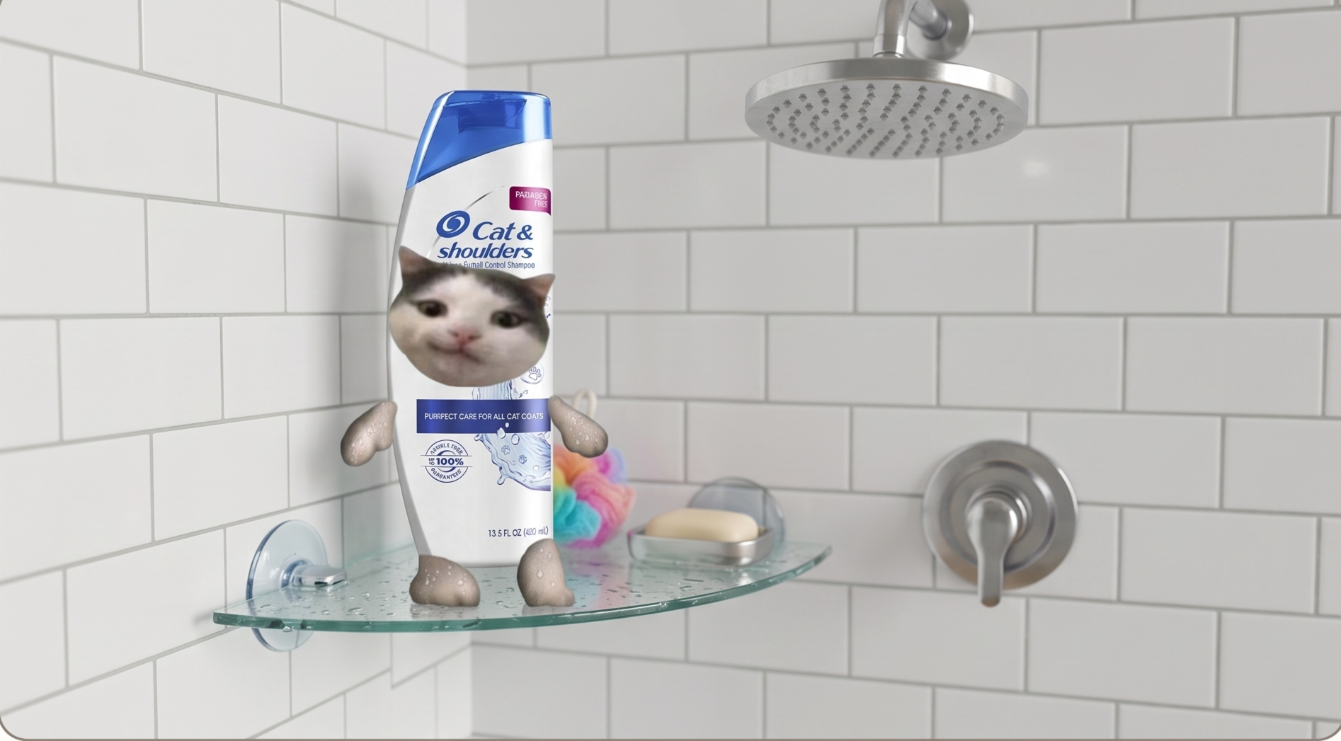 Cat and Shoulders standing on the shower shelf