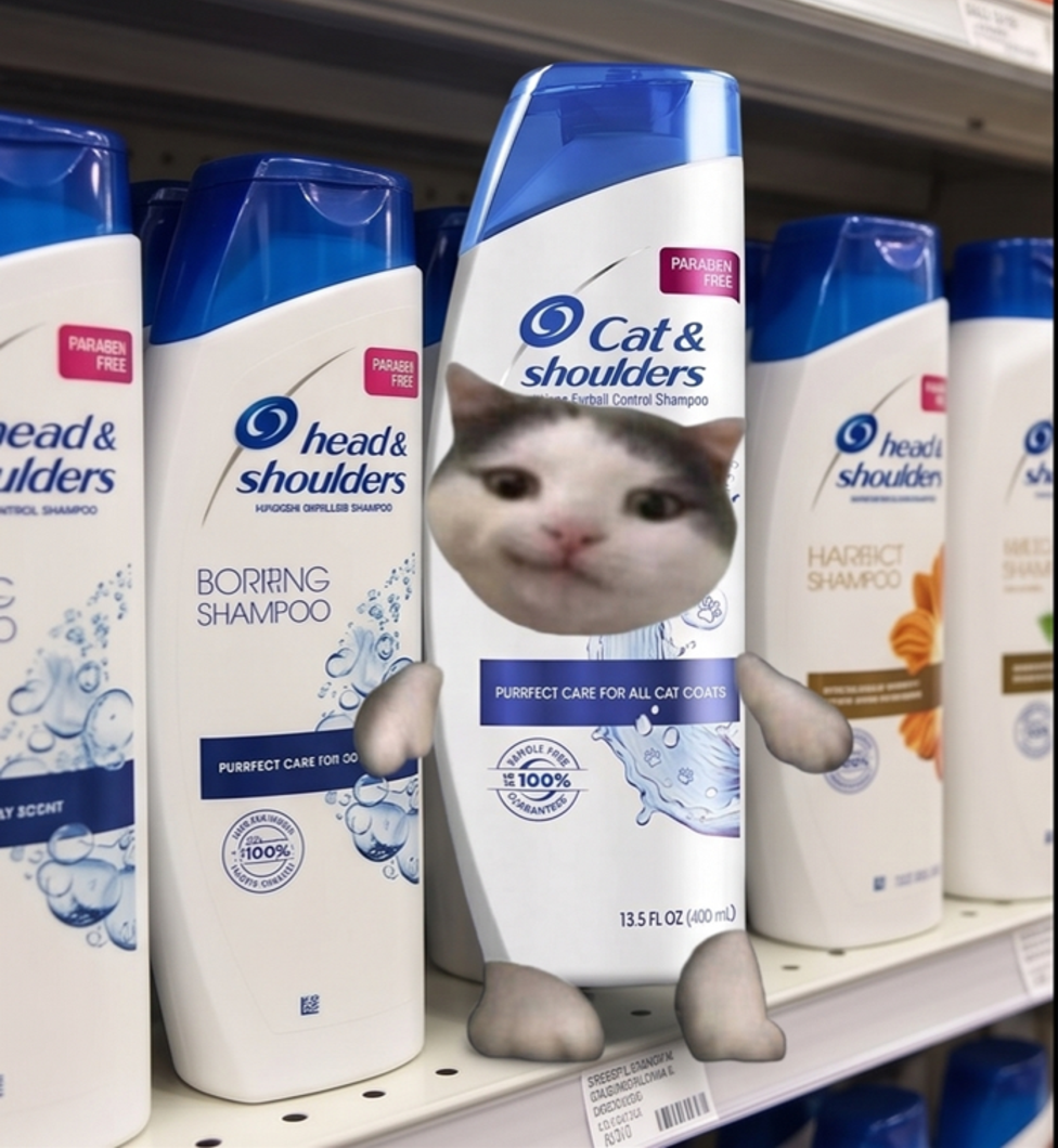Cat and Shoulders on a store shelf between regular shampoo bottles